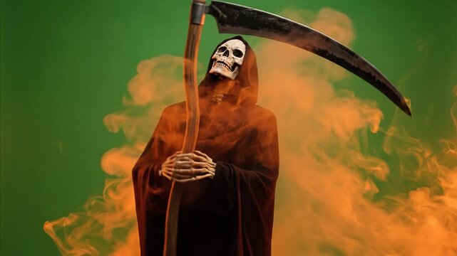 Grim Reaper with Scythe and Orange Smoke on Green Screen - Spooky Halloween Concept