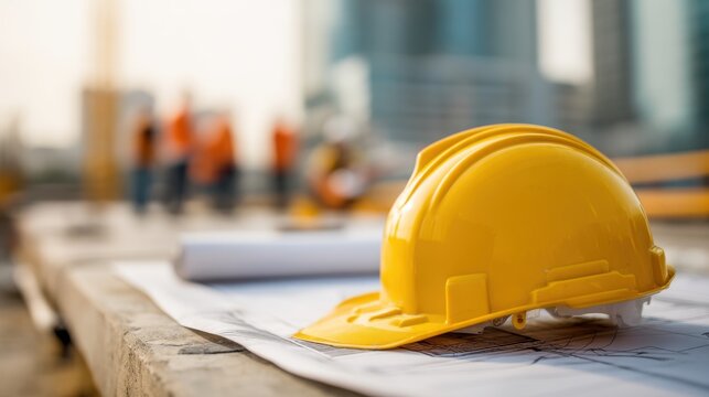 Yellow hard hat on building blueprint. Construction safety for civil engineering project plan development. Workplace protection background.