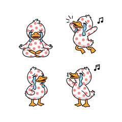 Naklejka premium Cartoon duck meditating and singing in various yoga poses with musical notes