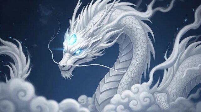 Majestic White Dragon Ascending Through Clouds, Mystical Asian Fantasy Creature