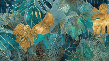Abstract botanical pattern with tropical leaves. Golden outlines on teal and blue background. Natural art deco style for wallpaper design.