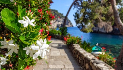 Scenic coastal pathway adorned with vibrant flowers, leading towards the tranquil blue sea and cliffs.