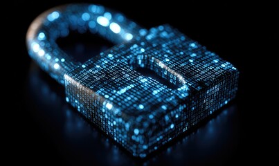 A glowing, digital padlock rendered with blue lights on a dark background, representing security
