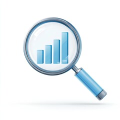 Blue bar graph seen through a magnifying glass against a white backdrop