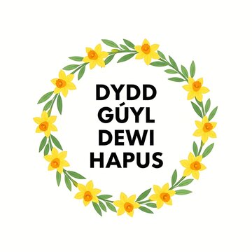 Vibrant floral wreath with welsh happy birthday text isolated on white background