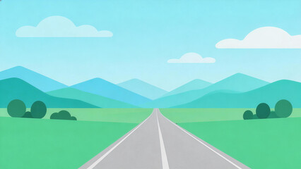 Illustrative landscape with a straight road leading through green hills and blue mountains under a clear sky with clouds. Stylized, flat design for travel and nature themes.