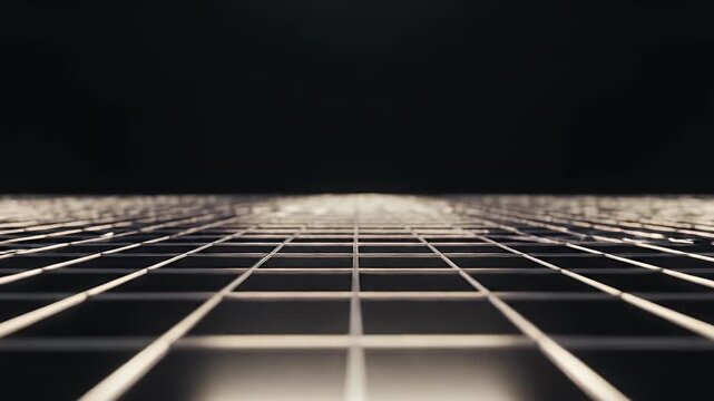 Low angle shot of a grid, its lines receding into darkness. The grid is brightly lit