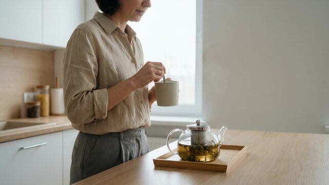 Woman prepares and enjoys herbal tea at home for health, wellness, and self-care in a bright kitchen setting