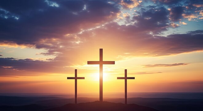Easter sunday celebration three crosses silhouette at sunrise