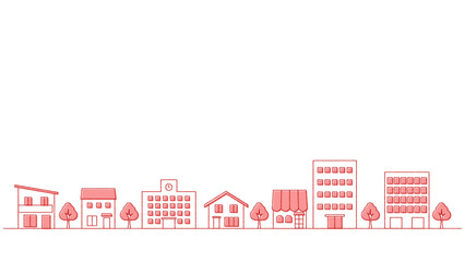 街並みのイラストのバナー背景　手描き風　横長　16:9　赤