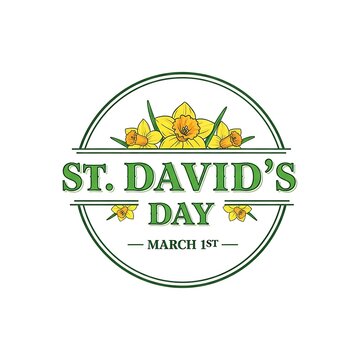 St davids day logo with yellow flowers and green text isolated on white background