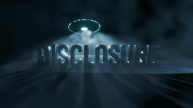 Disclosure 3D Text being lit from behind by light from a UFO Flying Saucer in a Dark Location CGI Animation