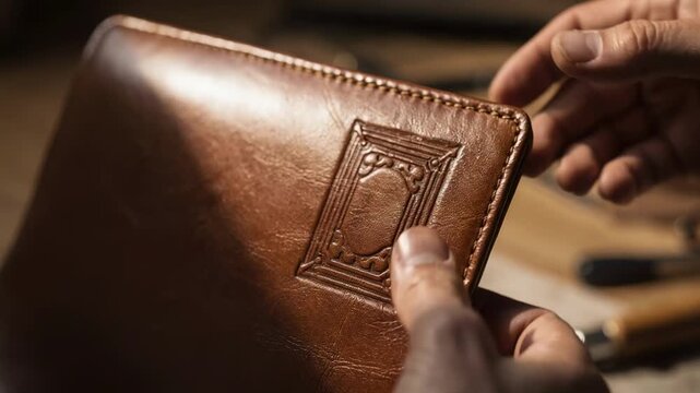 Closeup of a craftsman pressing a detailed title into a binder spine using blind embossing showcasing the raised texture and subtle elegance on a leather cover.