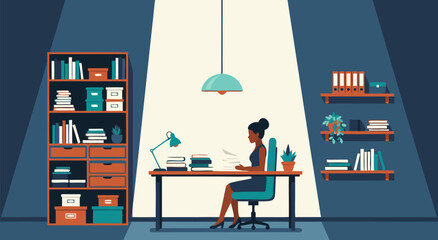 Vector illustration of focused woman at teal-lit desk between orange bookshelves © PDWN Creative