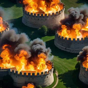 Fiery projectiles bombard medieval city walls.