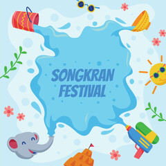 Festive songkran illustration with water splashes buckets elephant and sun celebrating the thai new year