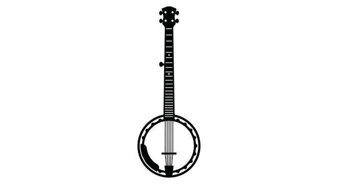 A simple black and white image of a banjo on a white background.