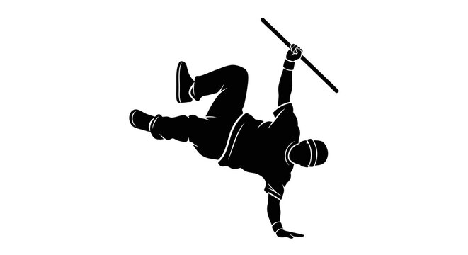 A person performing a breakdancing move with a stick in hand.