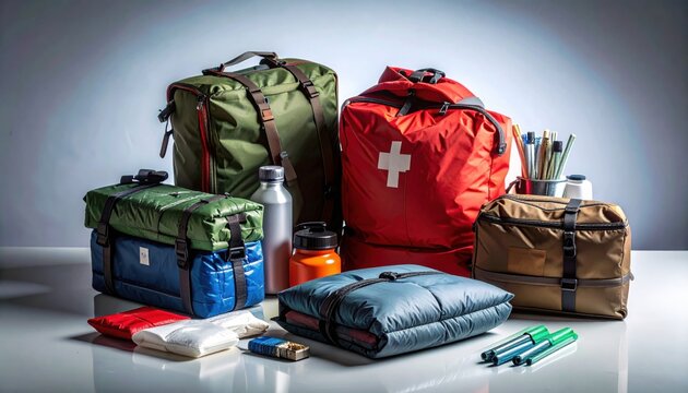 FlyPro Firefly Emergency shelter kit contents neatly laid out, featuring thermal blankets, first aid supplies, and purification straws.