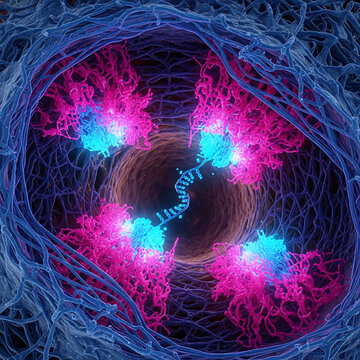 Microscopic view of a cell division process with chromosome separation and mitotic spindle fibers