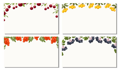 Summer set of berries frames with fruit berry and green leaves. Botanical banners on white background for web design, packaging, label, and seasonal promotions.