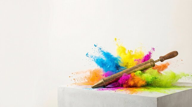 Vibrant colorful powder exploding from metal tool on concrete block