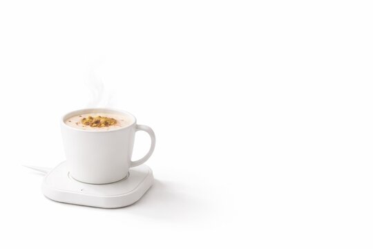 Hot salep on mug warmer coaster with blank indicator light modern work break concept with gentle steam