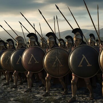 Ancient Greek Warriors in Formation with Shields.
