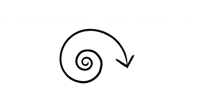 Loose spiral arrow hand-drawn sketch animation. Wide open curves moving inward with arrowhead pointing down. Animated doodle direction. Scribble pointer. Ink freehand symbol 4K video on transparent