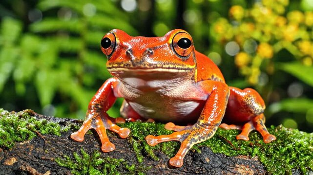 Orange frog sitting on mossy branch. Close up of tropical amphibian in rainforest environment with green foliage and yellow flowers.