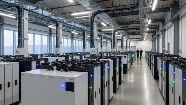 A long, industrial corridor with numerous identical white and black computer servers or data storage units