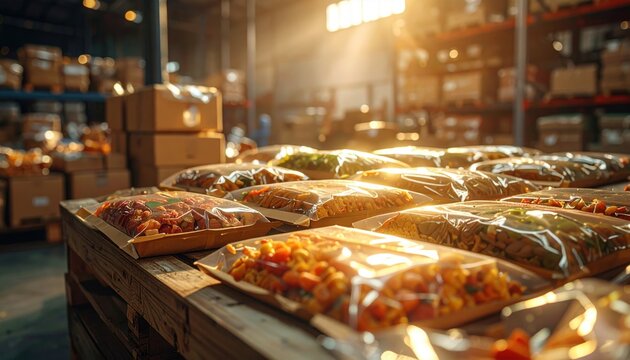 FlyPro Firefly Food parcels containing essential non-perishable items, professionally arranged in a visually appealing and organized manner within a sunlit warehouse.