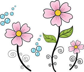Pink flowers with yellow centers and blue bubbles green leaves