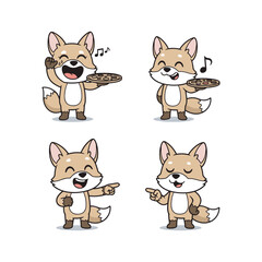 Cartoon fox characters singing and dancing with musical notes in various poses