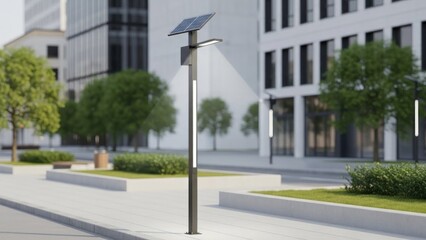 Fototapeta premium A solar-powered street light standing alone on a sidewalk in an urban setting with buildings and trees