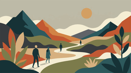 Fototapeta premium Minimalist landscape illustration with people walking on a winding path through mountains