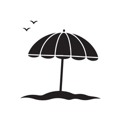 Fototapeta premium Black beach umbrella on sand with birds flying summer vacation and relaxation concept
