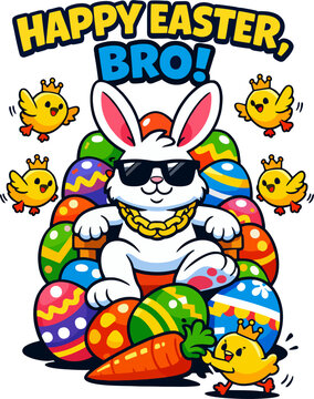 Cool Easter Bunny in sunglasses and gold chain chilling on colorful eggs with crowned chicks and big "HAPPY EASTER, BRO!" text. Funny cartoon vector, swag bunny style.