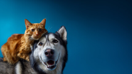 Fototapeta premium orange fluffy cat lying on blue-eyed husky, dog and cat friendship on blue background, serene cat resting on husky companion