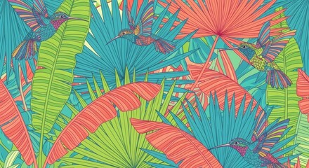 Fototapeta premium Tropical Hum Birds amid Vibrant Banana Leaves Pattern.