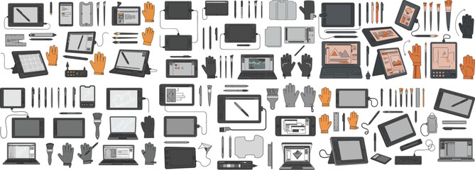 Flat lay of creative tools including graphic tablets, styluses, and accessories for digital artists.