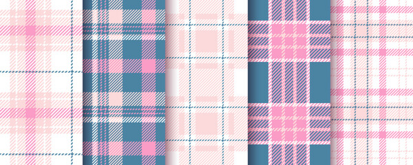 Tartan background. Plaid seamless pattern. Flannel pink blue texture. Set Vichy print. Gingham fabric. Girly check cloth. Shirt textile. Lumberjack checkered tablecloth. Vector illustration