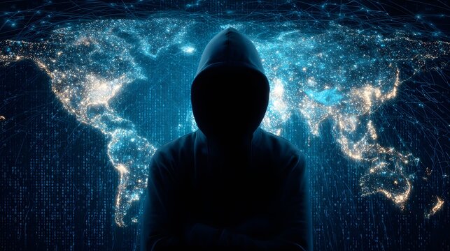 Digital Shadow: A hooded figure stands poised, their silhouette framed against a glowing world map of interconnected networks, symbolizing the hidden world of cyber security.