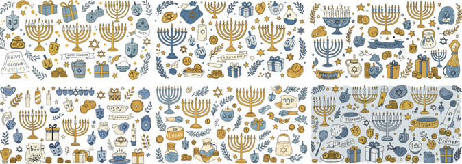 Festive Hanukkah illustration with traditional symbols, blue and gold colors, and joyful holiday elements.