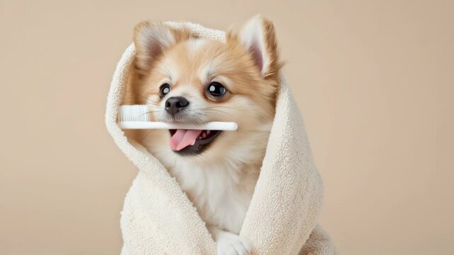 Dog with a toothbrush and towel. Smart Spitz Pomeranian holds a white toothbrush in its mouth on a beige background. Oral, dental hygiene of pets. Health care banner. Veterinary medicine. Grooming