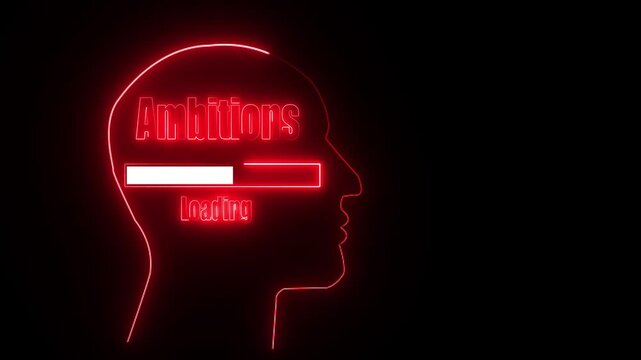 Red Neon Outline of Human Head with Ambitions Loading Bar on Black Background progress bar profile
