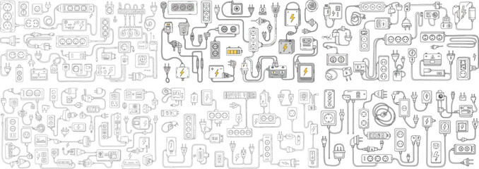 Illustration of various electrical plugs and sockets in a monochrome design with hints of yellow.