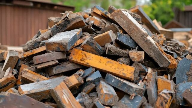 Large pile of discarded and dirty construction lumber ready for recycling or disposal