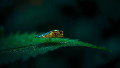 Macro close-up of a glowing firefly on green leaf at night, bioluminescent light, sharp focus, dark blurred background, nature photography, ultra high resolution, realistic texture