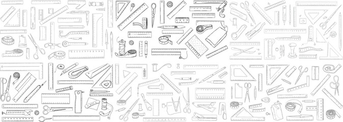 Intricate collection of sewing and measuring tools in a monochrome design, ideal for craft enthusiasts.